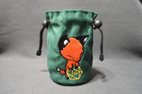 Handmade Dice Bag – Fox Embroidery, Green Suede, D&D D20 TTRPG Accessory