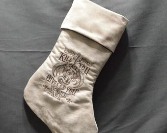 D&D Christmas Stocking – Exp Parchment Suede Embroidered Gamer Gift – TTRPG Holiday Decor