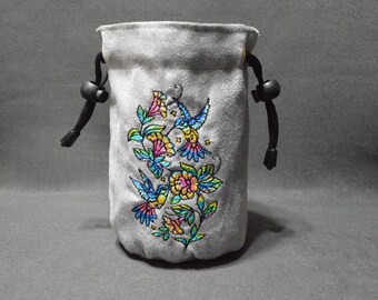 Handmade Suede Dice Bag: Hummingbird Embroidery, TTRPG Gaming Accessory
