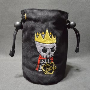 Embroidered Lich King Dice Bag: Glow in the Dark D20 Suede Pouch