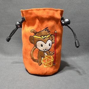 Handmade Suede Dice Bag – Monkey Embroidery, D&D D20 TTRPG Accessory by Uber Dungeon