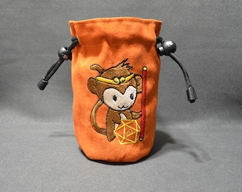 Handmade Suede Dice Bag – Monkey Embroidery, D&D D20 TTRPG Accessory by Uber Dungeon