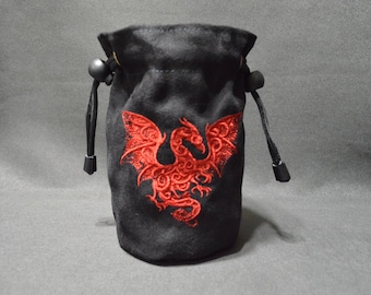 Handmade Suede Dice Bag – Fancy Dragon Embroidery, D&D D20 TTRPG Accessory by Uber Dungeon