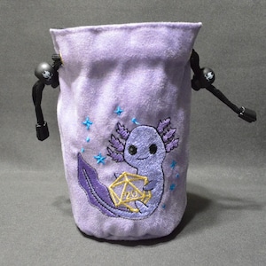 Handmade Suede Dice Bag – Purple Axolotl Embroidery, D&D D20 TTRPG Accessory by Uber Dungeon