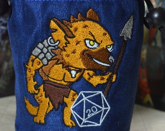 Embroidered Gnoll D20 Dice Bag: Navy Blue Suede