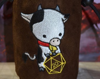Embroidered Cow D20 Dice Bag - Brown Suede Paracord Pouch
