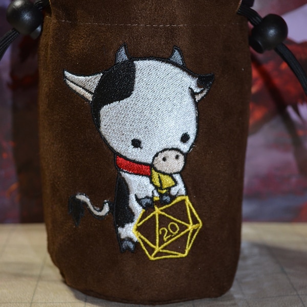 Dice Bag D20 Cow Embroidered Dark Brown suede