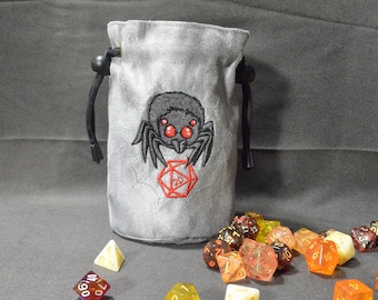 Handmade Suede Dice Bag – Spider Embroidery, D&D D20 TTRPG Accessory by Uber Dungeon
