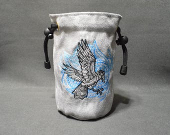 Embroidered Raven Dice Bag: Blue Suede D&D Gaming Pouch