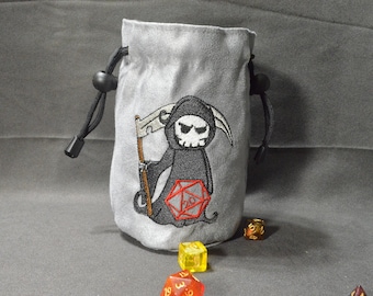Handmade Suede Dice Bag – Death Embroidery, D&D D20 TTRPG Accessory by Uber Dungeon