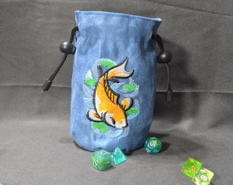 Embroidered Koi Fish Dice Bag: Denim Suede RPG Gaming