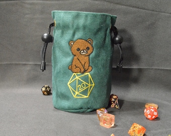 Handmade Suede Dice Bag – Bear Embroidery, D&D D20 TTRPG Accessory by Uber Dungeon