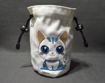 Handmade Suede Dice Bag – Chibi Cat Embroidery, D&D D20 TTRPG Accessory by Uber Dungeon