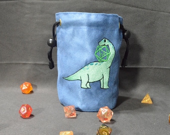 Handmade Suede Dice Bag – Brachiosaurus Embroidery, D&D D20 TTRPG Accessory by Uber Dungeon