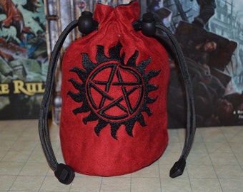 Handmade Suede Dice Bag – Demon ward Embroidery, D&D D20 TTRPG Accessory by Uber Dungeon