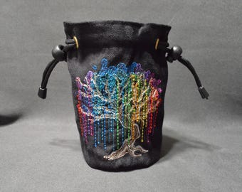 Handmade Suede Dice Bag – Rainbow Tree Embroidery, D&D D20 TTRPG Accessory by Uber Dungeon