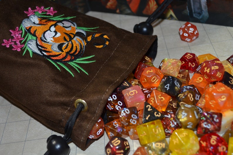 Dice Bag Tiger Embroidered Dark Brown Suede