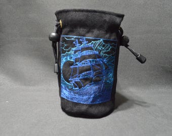 Handmade Suede Dice Bag – Gradient Ship Embroidery, D&D D20 TTRPG Accessory by Uber Dungeon