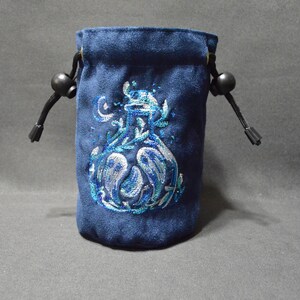 Handmade Suede Dice Bag – Ghost Bottle Embroidery, D&D D20 TTRPG Accessory by Uber Dungeon