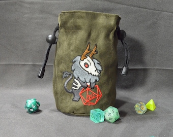 Embroidered Wendigo Dice Bag: Olive Suede Paracord Pouch