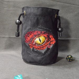 Handmade Suede Dice Bag – Dragon Eye Embroidery, D&D D20 TTRPG Accessory by Uber Dungeon
