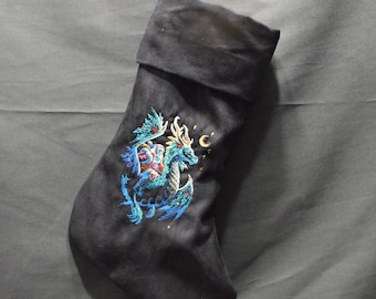 D&D Christmas Stocking – Santa Dragon Rider Black Suede Embroidered Gamer Gift – TTRPG Holiday Decor