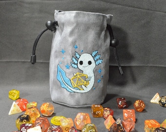 Embroidered Axolotl Dice Bag: Gray Suede RPG Gaming Pouch