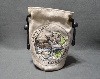 Handmade Suede Dice Bag: Lazy Cat Embroidery D&D Gaming Accessory