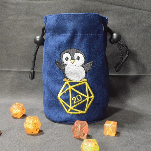 Dice Bag  Baby Penguin Embroidered Navy Blue suede