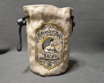 Handmade Suede Dice Bag – Raven Tea Embroidery, D&D D20 TTRPG Accessory by Uber Dungeon