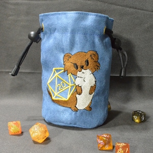 Embroidered Ferret Dice Bag: Suede Denim, Tabletop Gaming