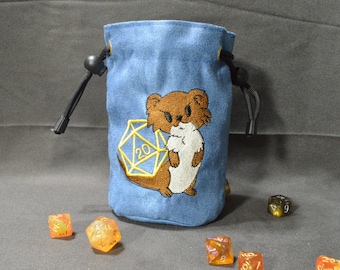 Embroidered Ferret Dice Bag: Suede Denim, Tabletop Gaming