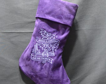 D&D Christmas Stocking – Book Dragon Purple Suede Embroidered Gamer Gift – TTRPG Holiday Decor