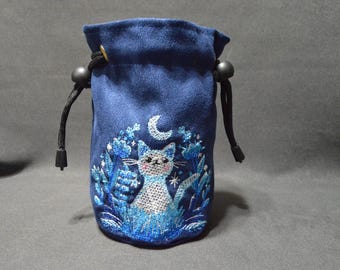 Handmade Suede Dice Bag – Moon Cat Embroidery, D&D D20 TTRPG Accessory by Uber Dungeon