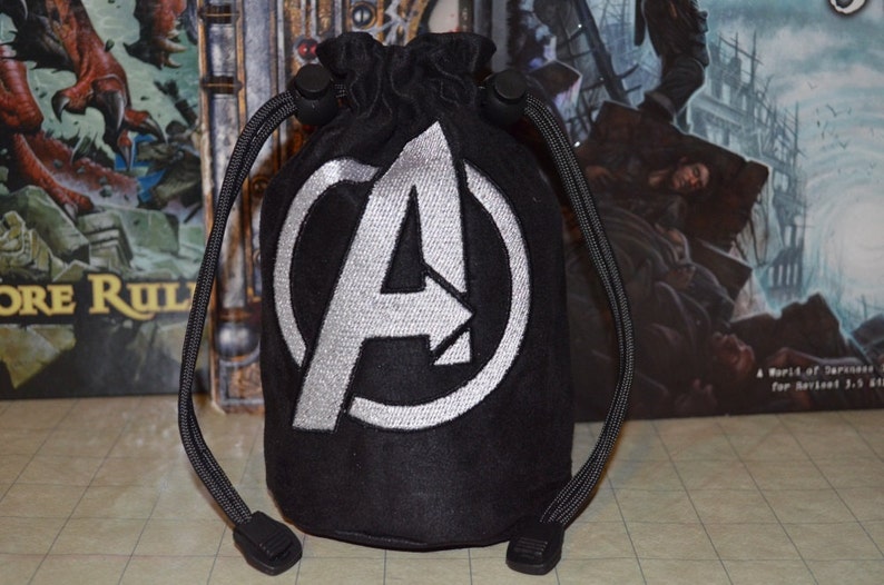 Dice Bag Avengers Embroidery on Black Suede