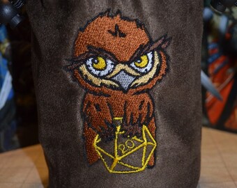 Handmade Suede Dice Bag – Owlbear Embroidery, D&D D20 TTRPG Accessory by Uber Dungeon