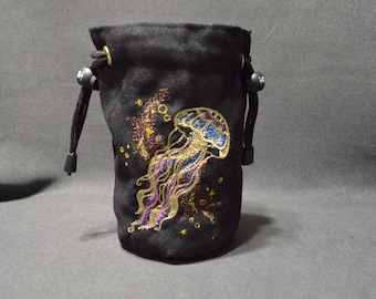 Handmade Navy Suede Dice Bag: Cosmic Jellyfish Embroidery D&D Accessory
