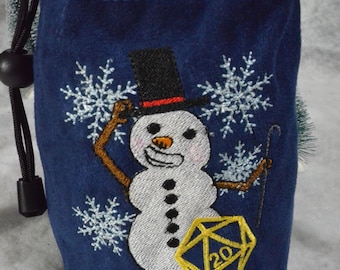 Embroidered Snowman Dice Bag: Red Suede D20