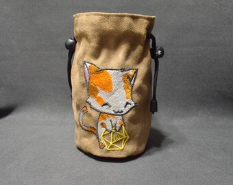 Handmade Suede Dice Bag – Tabby Cat Embroidery, D&D D20 TTRPG Accessory by Uber Dungeon