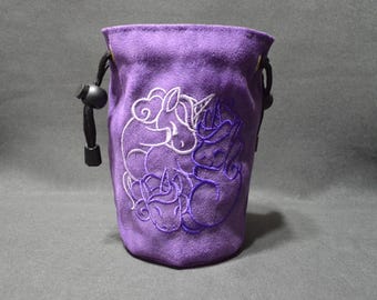 Handmade Purple Suede Dice Bag: Unicorn Embroidery, D&D Gaming Accessory