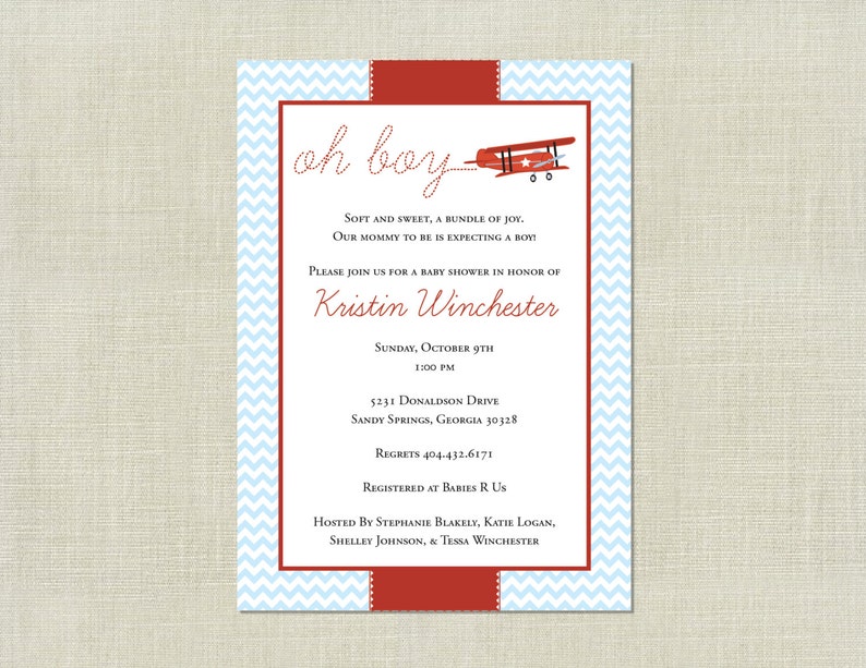 Airplane Boy Baby Shower Invitation Oh Boy Red Plane Etsy