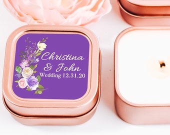 Personalized Candle Favors 12ct Floral Candles, Vintage Candle Favors, Chic Candle Favors, Party Favors, Rose Gold Square Candle Tin Favors