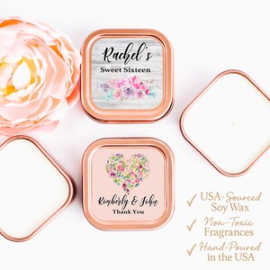 Rose Gold Floral Candle Favors 12ct Candle Tin Favors, Vintage Wedding Candle Favors, Bridal Shower Favors, Square Candle Anniversary Favors
