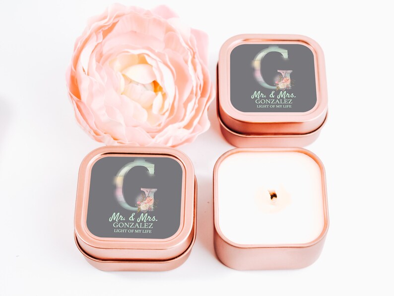 Mr /& Mrs Favors Monogram Candle Favors 12ct Personalized Candles Wedding Rose Gold Square Tin Candle Personalized Bulk Candle Favors
