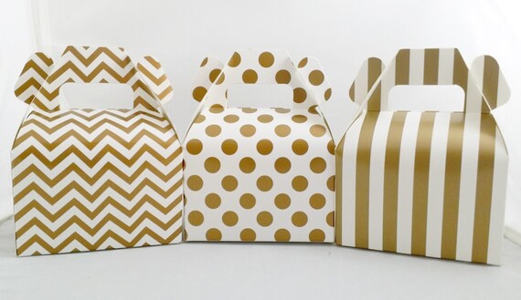 Gold Gable Boxes (Set of 12) Mini Gable Boxes, Chevron Polka Dot Stripes Gable Boxes, Baby Shower Boxes, Birthday Box, Gold & Pink Favor Box Il_570xn