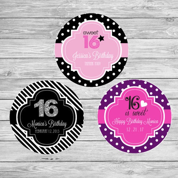 Quinceanera Labels 24ct, Sweet 16 Round Stickers, Sweet 16 Favor Labels