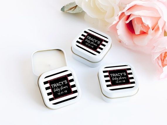 Bridal Shower Candle Favors 12ct Black Stripe Candle Labels - Bachelorette Bash Favors - Personalized Bulk Candles - White Square Candle Il_570xn