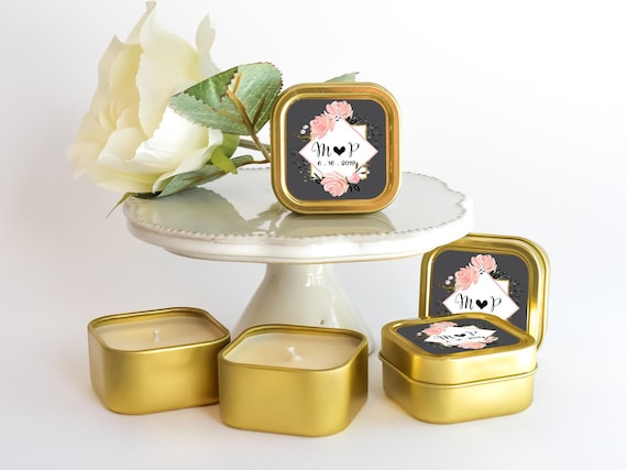 Bridal Shower Candles 12ct Candle with Floral Monograms, Gold Frame Design Candle Favors, Floral Favors, Bulk Candle, Gold Square Candle Tin Il_570xn