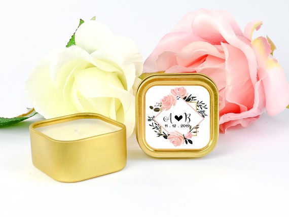 Anniversary Candles 12ct Floral Monogram Favors, Floral Frame Candle Favors, Floral Favors, Bulk Candle Favor, Gold Square Candle Tin Favors Il_570xn