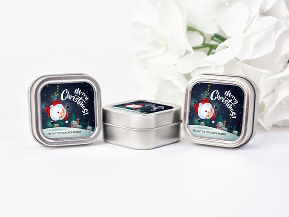 Merry Christmas Candles 12ct Personalized Candles - Christmas Party Favors - Personalized Bulk Candle Favors - Silver Square Tin Candle Il_570xn